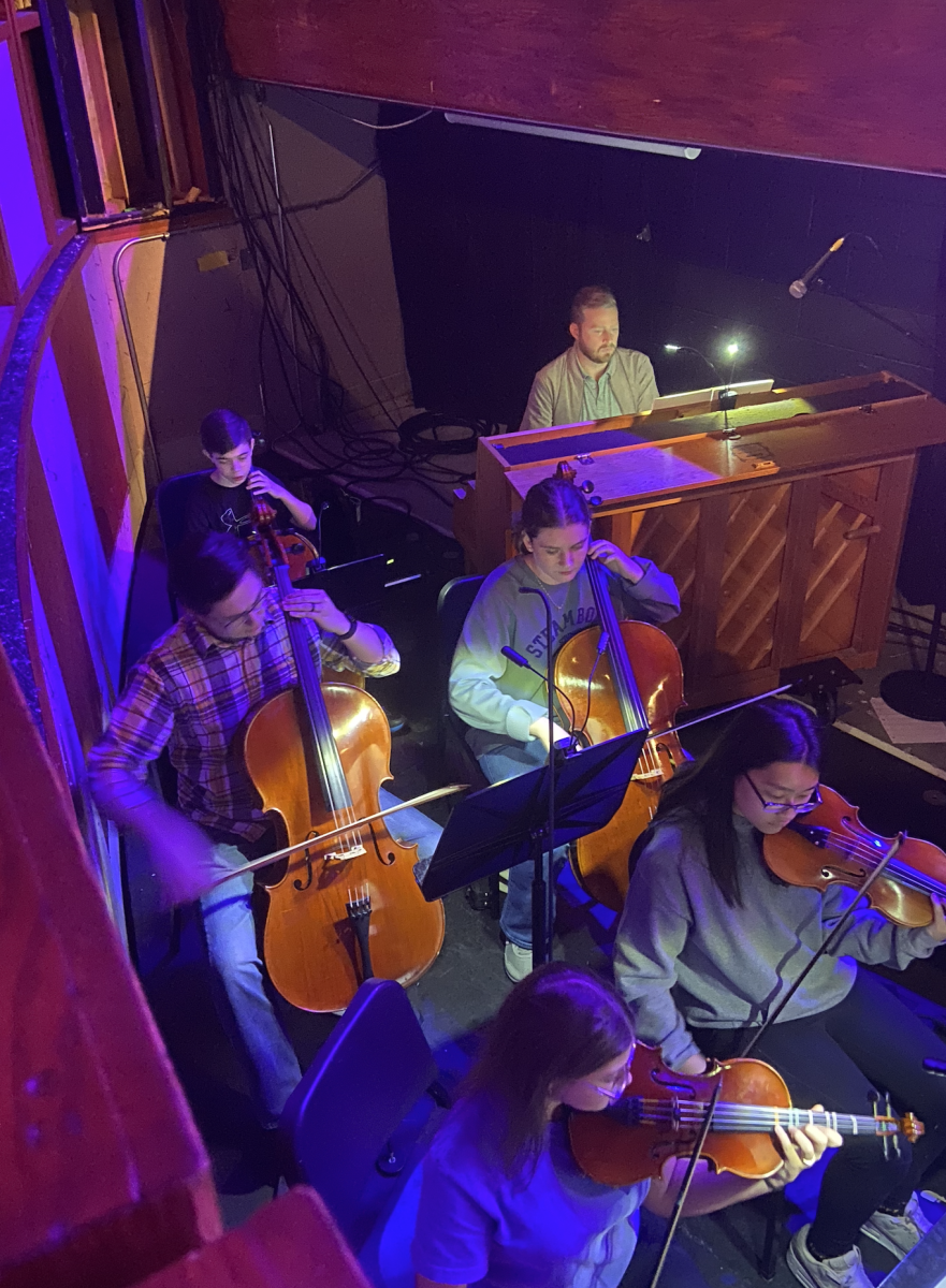 Junior Audrey Johnston plays cello at the dress rehearsal for the school musical “Bye Bye Birdie”. Part of the pit is hired adults to play for the musical. "It’s interesting to play alongside professionals because they play confidently and can offer advice about a piece," Johnston said.